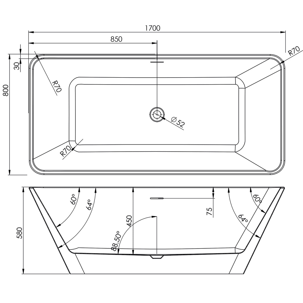 Cairo technical drawing showing 1700mm length, 800mm width and 450mm internal depth