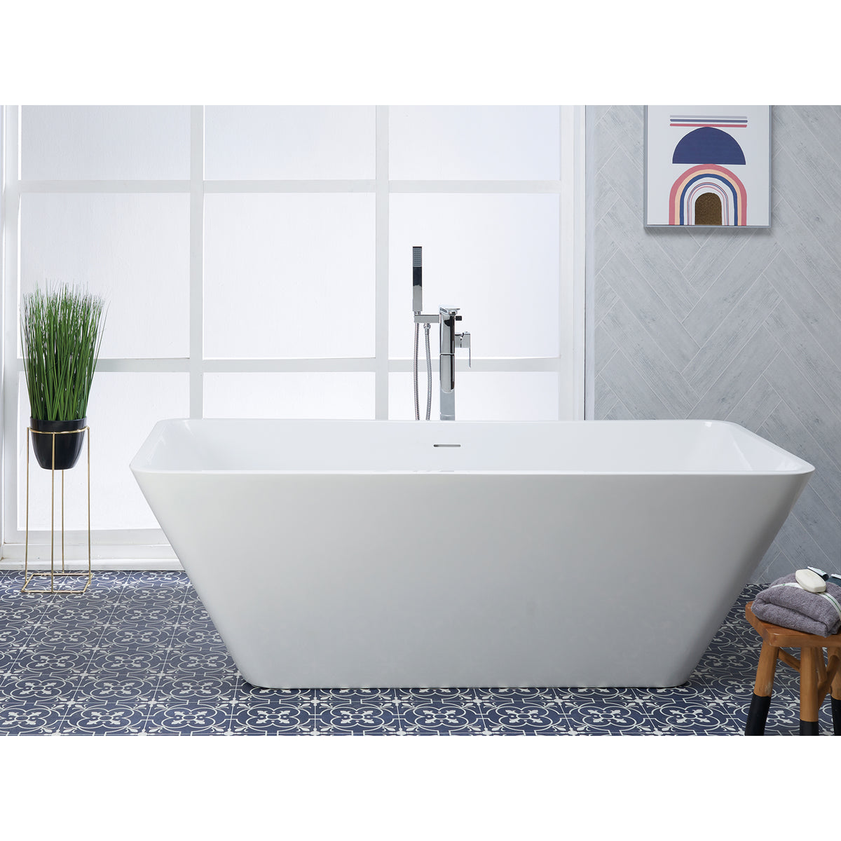Cairo white freestanding bath showing its rectangular rim and outward-sloping ends