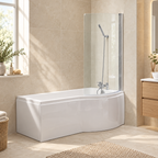 California white right hand P-shaped shower bath with curved glass screen and matching panels in a modern stone-tiled bathroom.