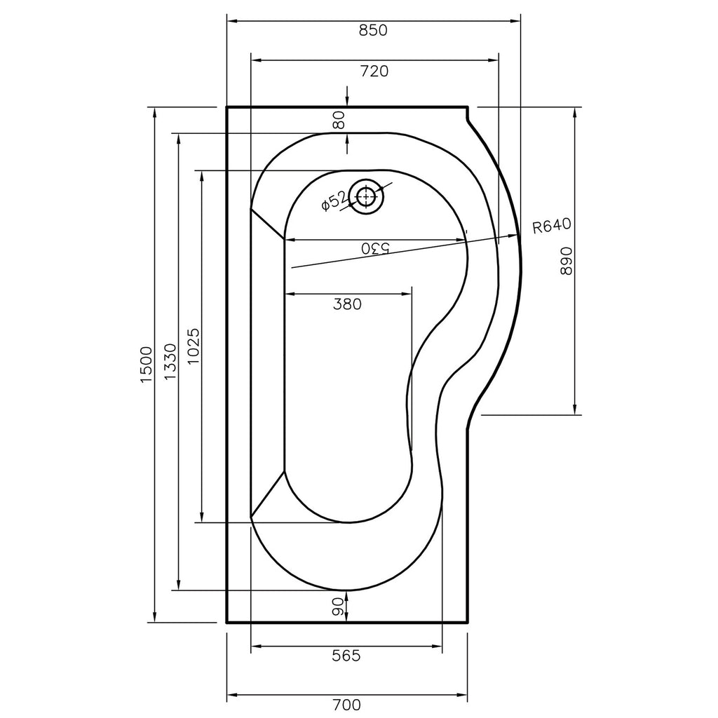 California 1500 x 700mm Shower Bath - RH