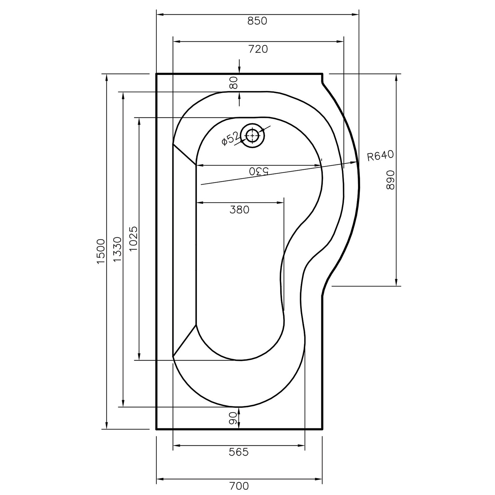 California 1500 x 700mm Shower Bath - RH