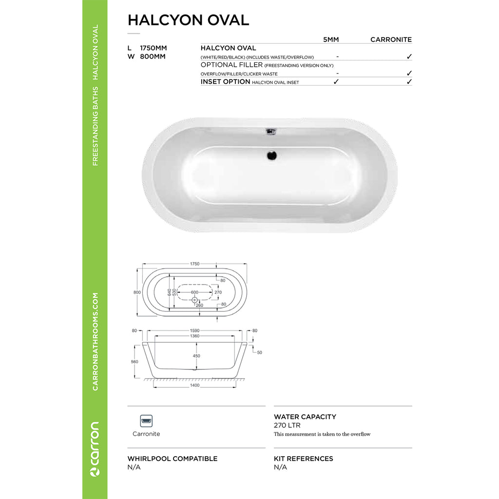 Carron Halcyon Oval technical sheet showing dimensions and waste and overflow positions