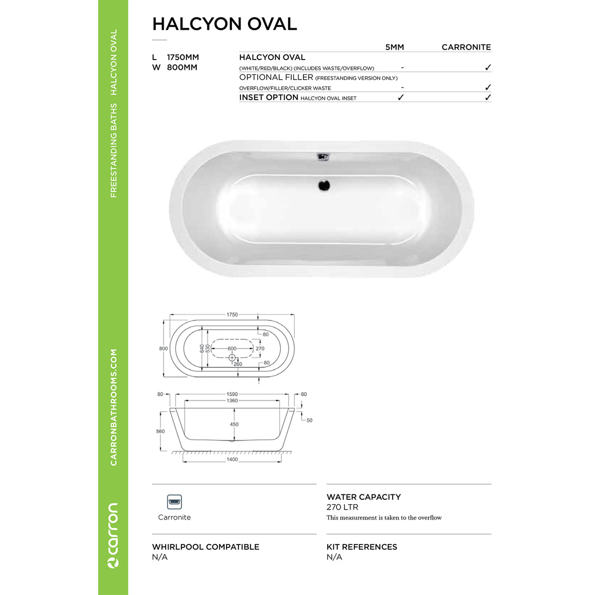 Carron Halcyon Oval technical sheet showing dimensions and waste and overflow positions