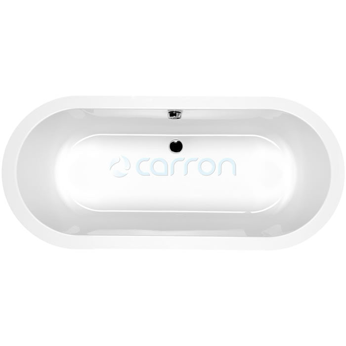 Overhead view of the white Carron Halcyon Oval bath showing its rounded ends and waste position