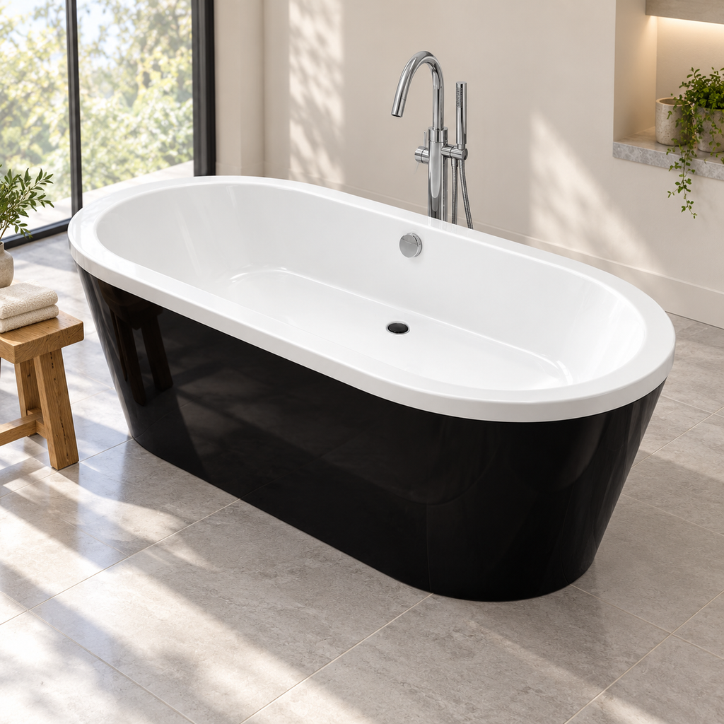 Carron Halcyon Oval freestanding bath with a black exterior and white interior in a light neutral bathroom with chrome floor-standing taps.