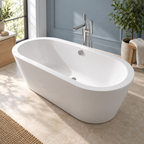 White Carron Halcyon Oval freestanding bath in a blue bathroom with limestone flooring