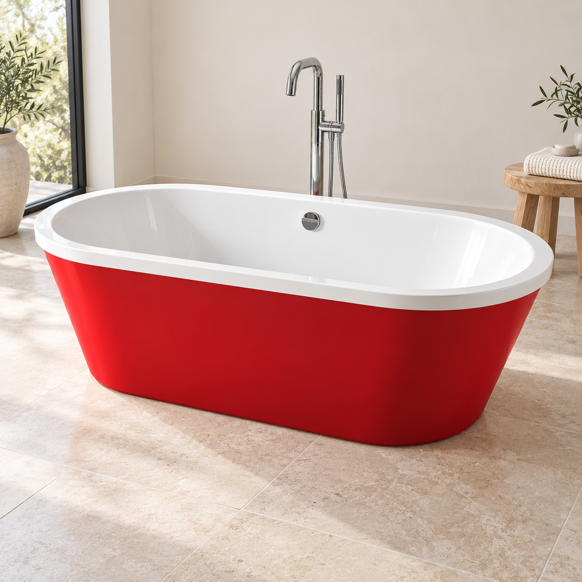 Carron Halcyon Oval freestanding bath with a red exterior and white interior in a light neutral bathroom with chrome floor-standing taps.