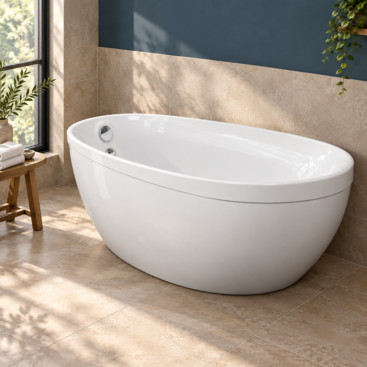White Carron Paradigm Carronite freestanding slipper bath with integrated filler in a stone-tiled bathroom.