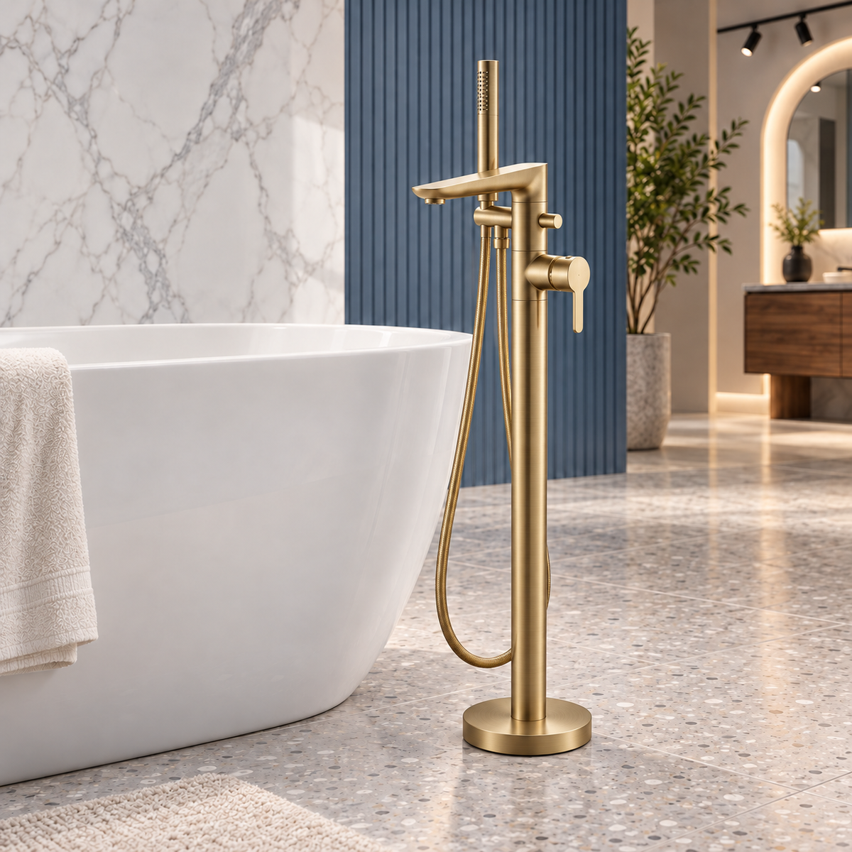 Charlotte brushed brass floorstanding bath shower mixer with stick handset and hose beside a white freestanding bath in a showroom.