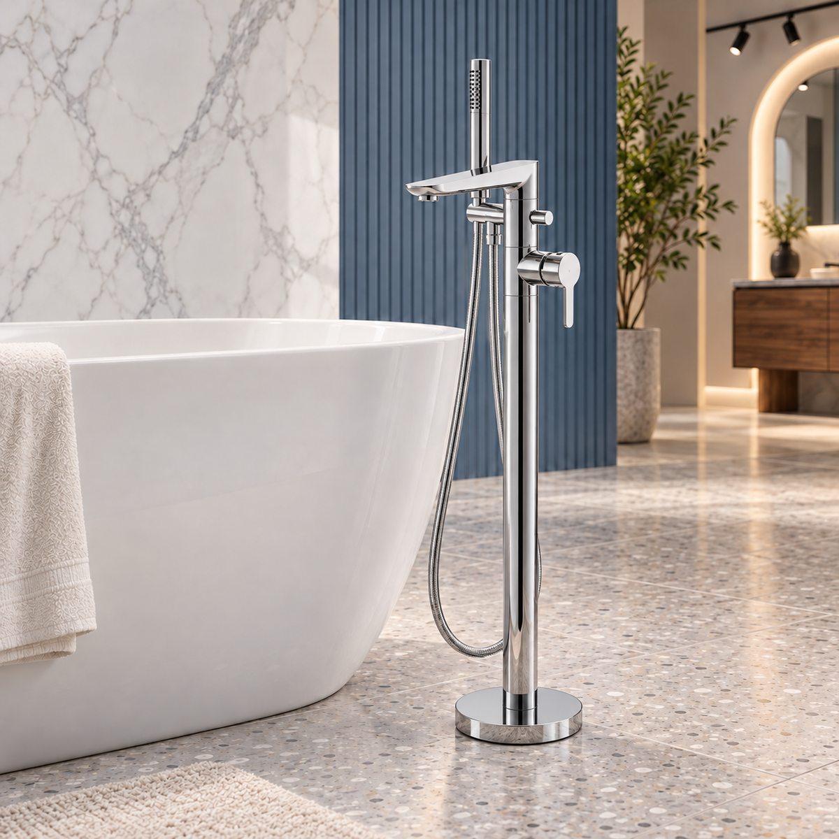 Charlotte chrome floorstanding bath shower mixer with stick handset and hose beside a white freestanding bath in a showroom.