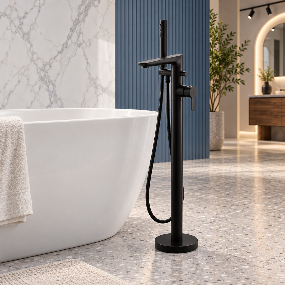 Charlotte matt black floorstanding bath shower mixer with stick handset and hose beside a white freestanding bath in a showroom.