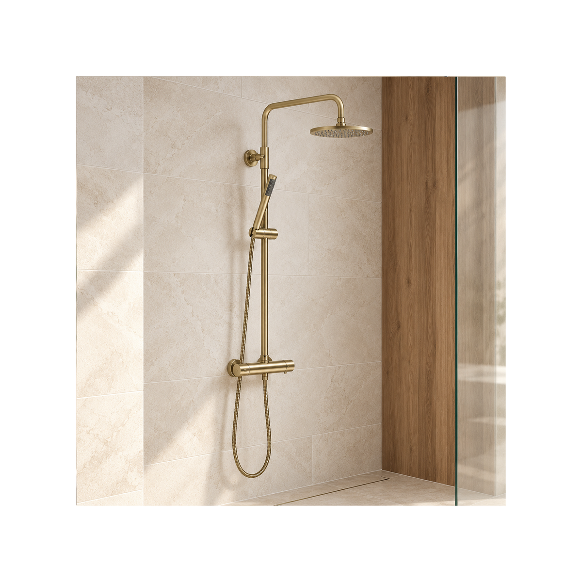 Charlotte Round Thermostatic Shower & Riser Kit – Brushed Brass