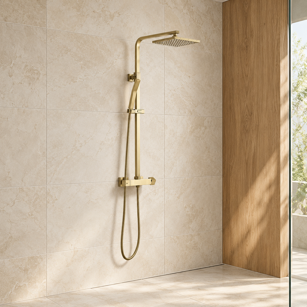 Charlotte Square Thermostatic Shower & Riser Kit – Brushed Brass