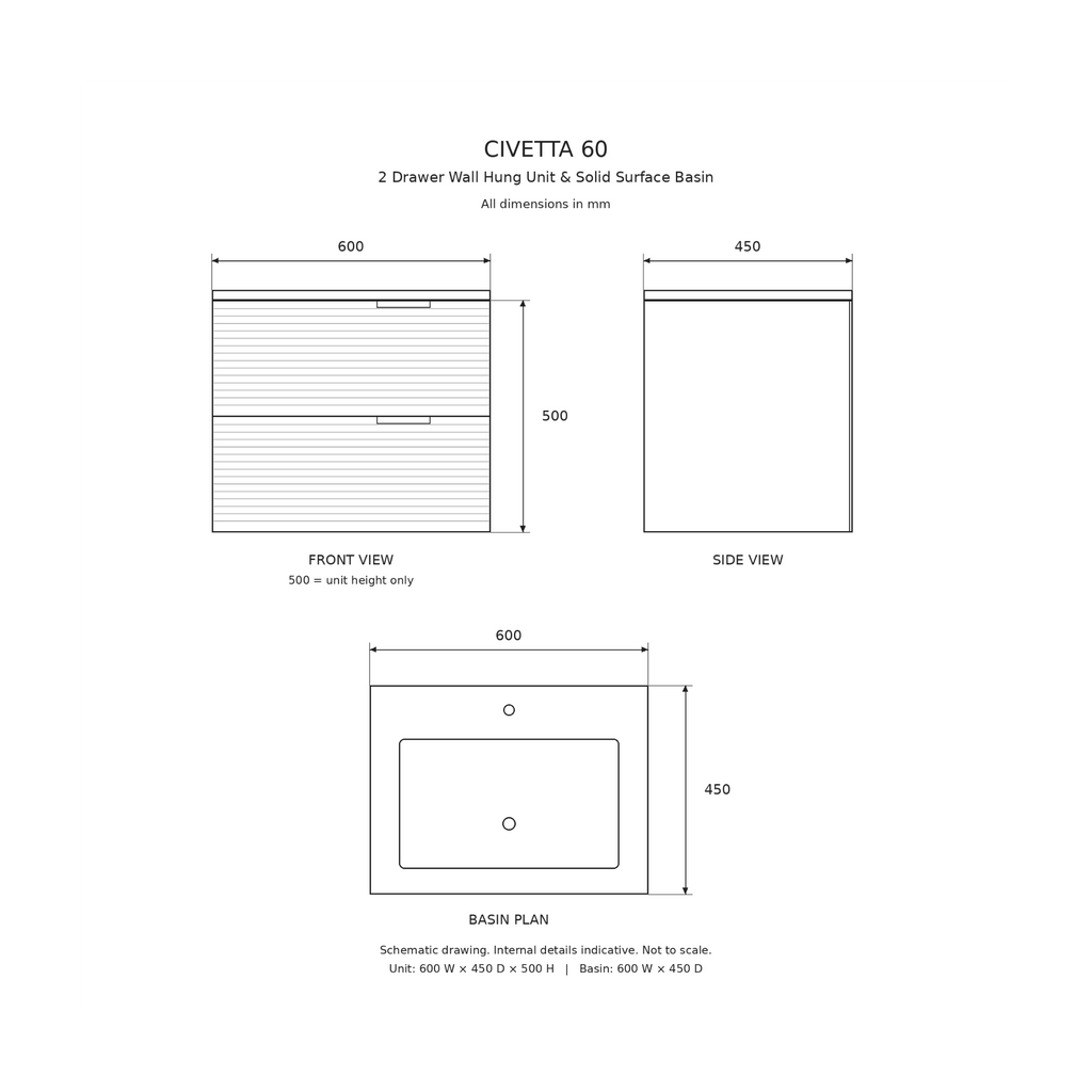 Civetta 60 2 Drawer Wall Hung Vanity Unit & Basin Combination