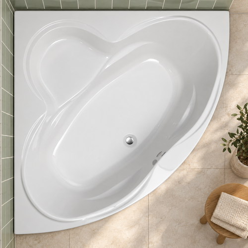 White Colorado corner bath with curved panel and moulded corner seat in a sage green tiled bathroom
