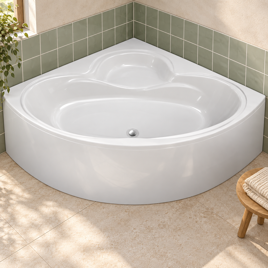 White Colorado corner bath with curved panel and moulded corner seat in a sage green tiled bathroom