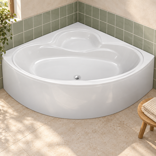 White Colorado corner bath with curved panel and moulded corner seat in a sage green tiled bathroom