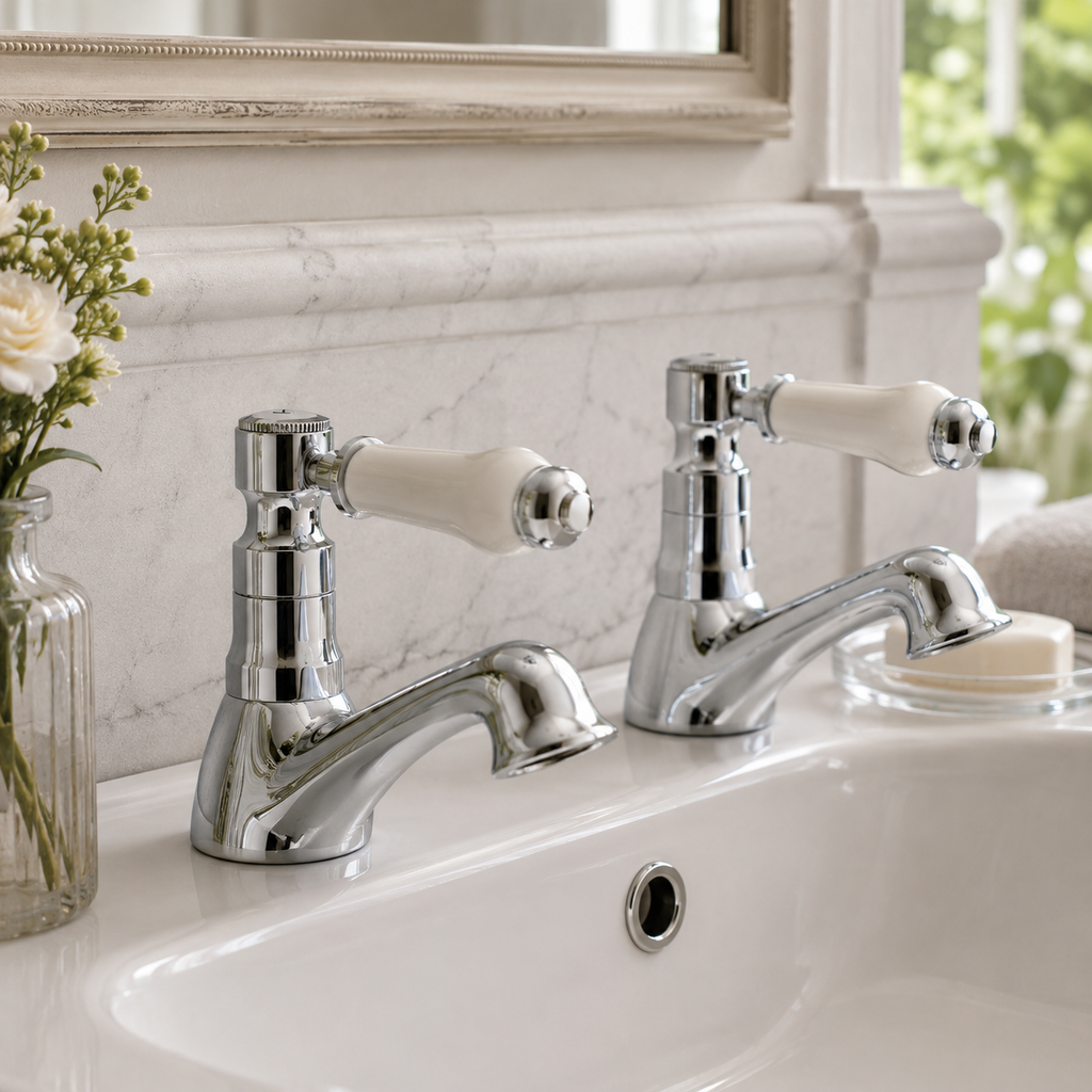 Culverden Chrome Basin Taps (Pair) – 2 Tap Hole with Ceramic Indices