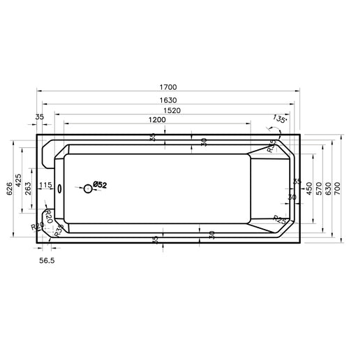 Deco 1700 x 700mm Single Ended Whirlpool Bath - Option 6