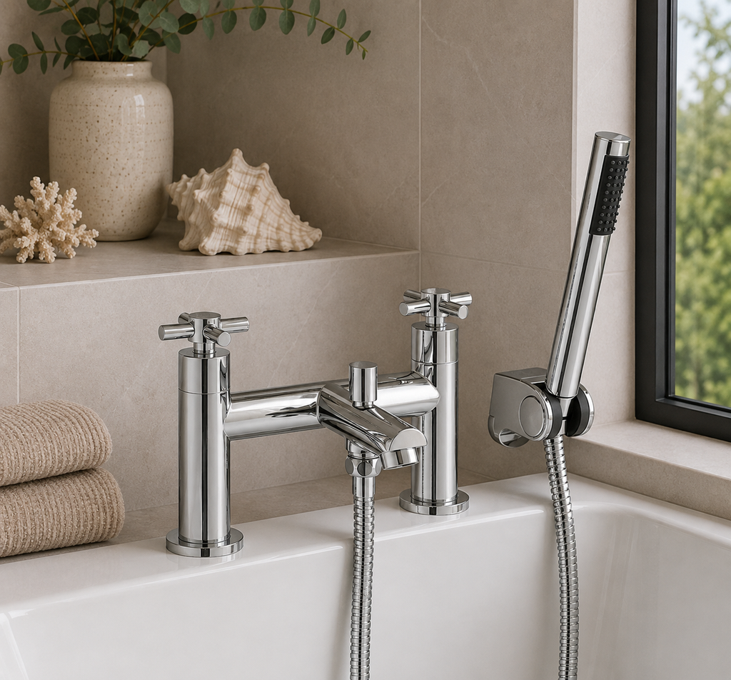 Dunorlan Chrome Deck Mounted Bath Shower Mixer with Shower Kit