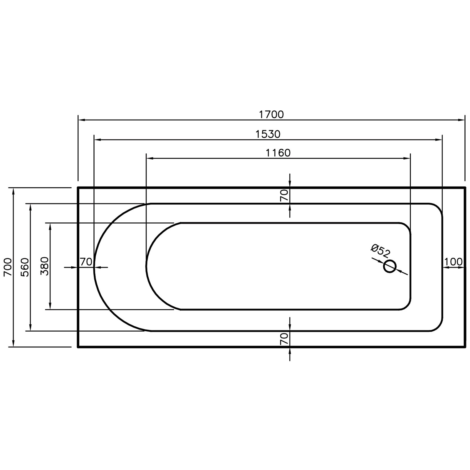 Ebony 1700 x 700mm Bath - Whirlpool Option 3