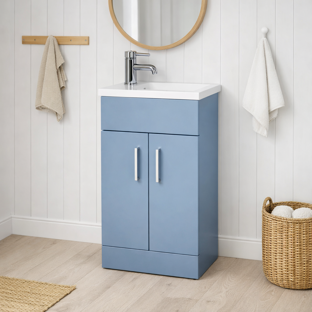 Eden 400mm Slim Floor Standing Vanity Unit with Reversible Resin Basin – Dusty Blue