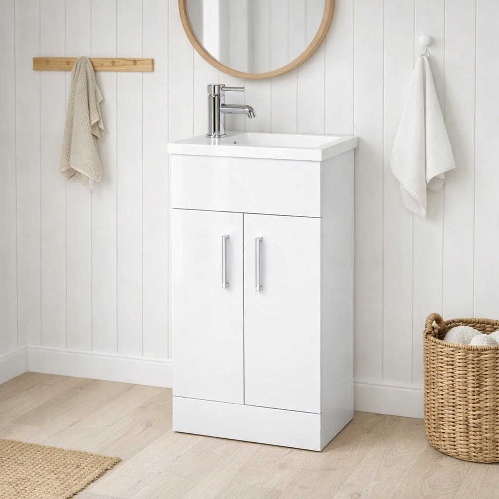 Eden 400mm Slim Floor Standing Vanity Unit with Reversible Resin Basin – Gloss White