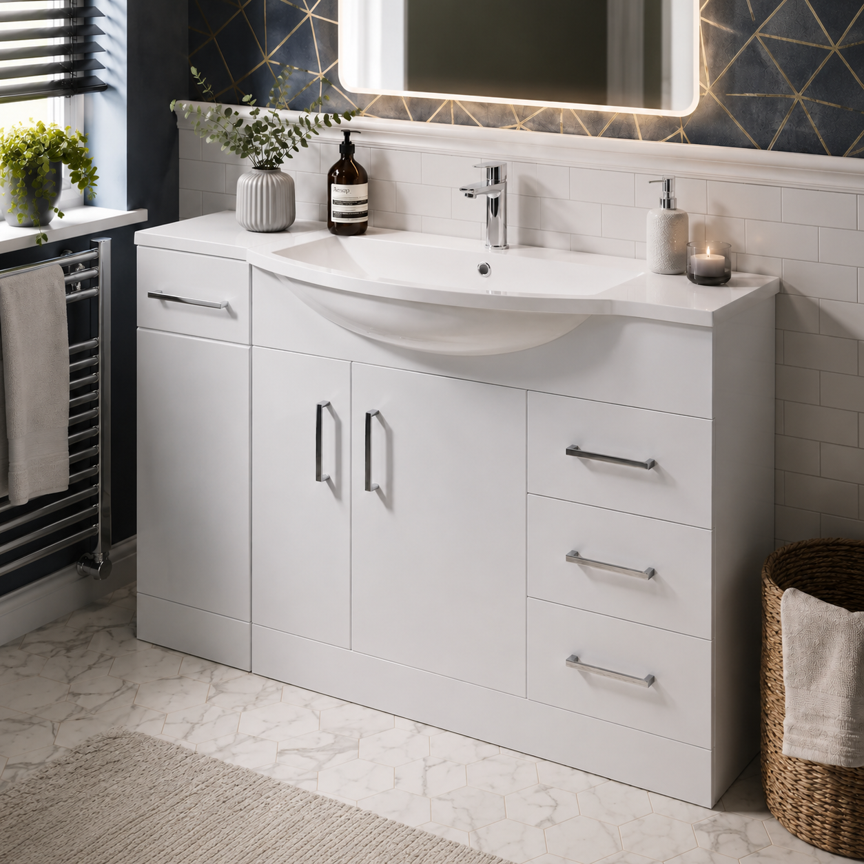 Eden Classic 300mm Laundry Unit with Wire Storage Basket – Gloss White