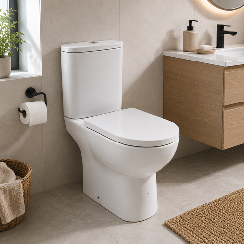 Estoril Rimless Tall Close Coupled WC including Soft Close Seat