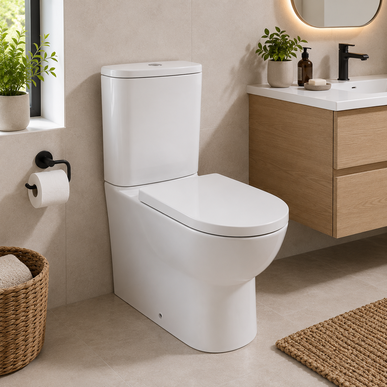 Estoril Rimless Tall Close Coupled Closed Sided WC including Soft Close Seat