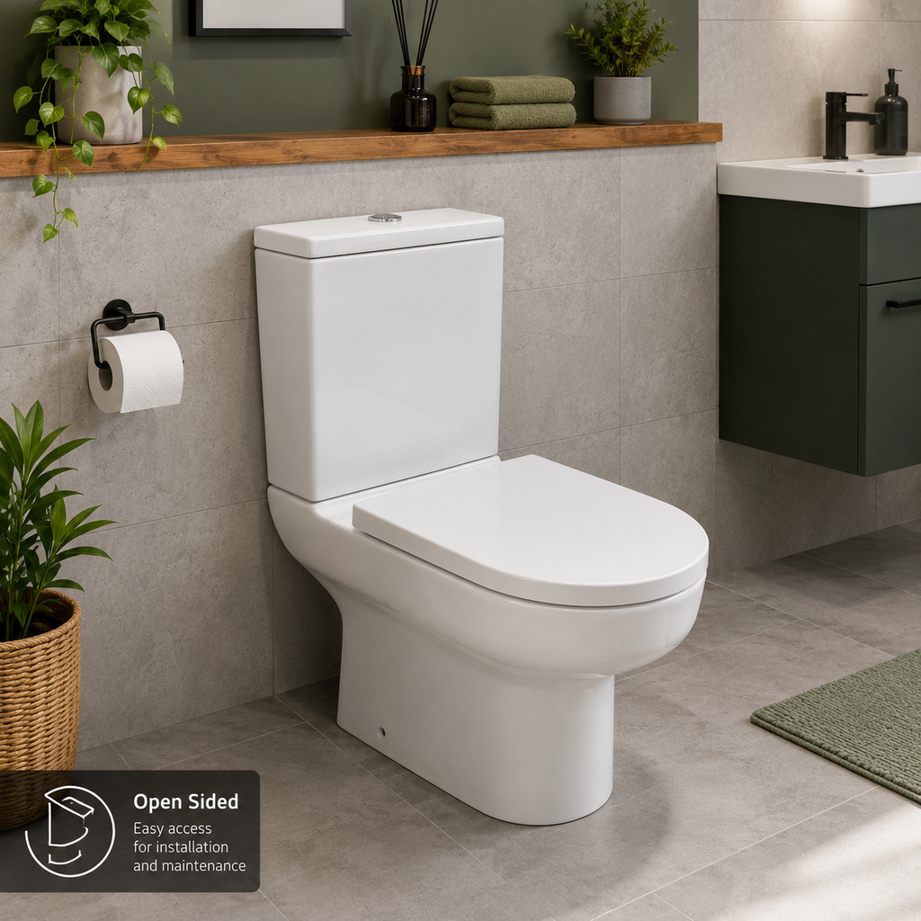 Evora Rimless Close Coupled Open Sided WC including Soft Close Seat