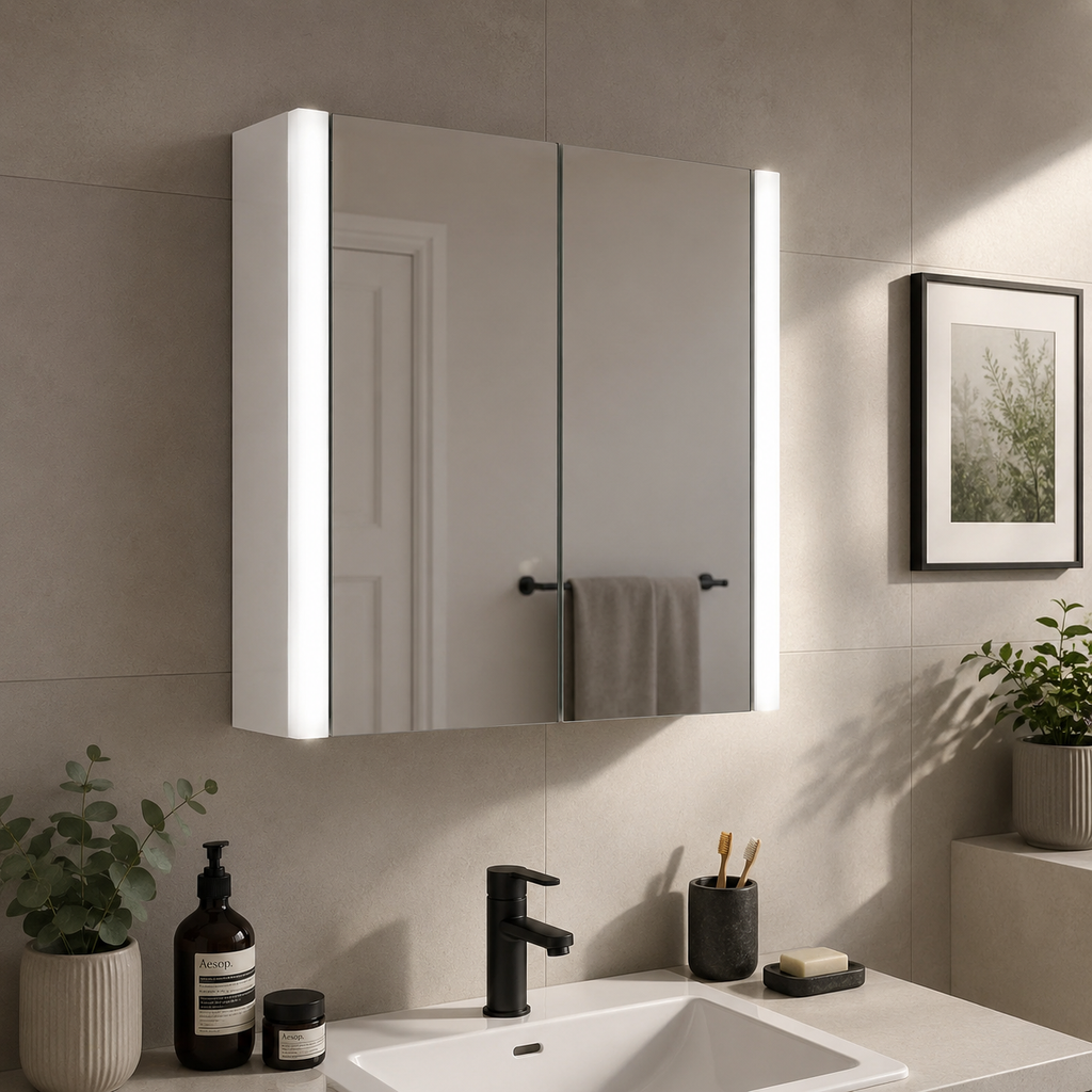 Genesis Monica 600mm Double Door LED Mirrored Bathroom Cabinet with Shaver Socket - Gloss White