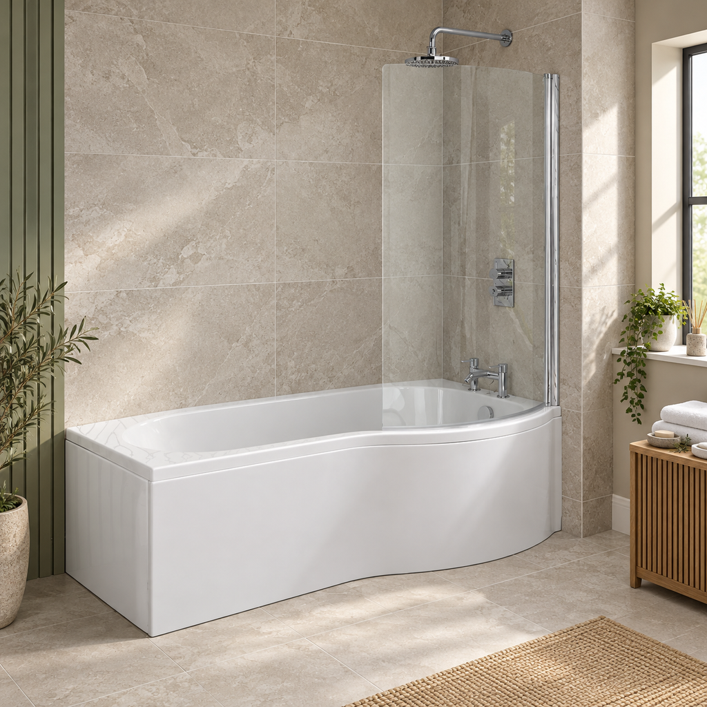 Giza white right hand P-shaped shower bath with curved glass screen and matching panels in a modern bathroom.