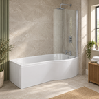 Giza white right hand P-shaped shower bath with curved glass screen and matching panels in a modern bathroom.