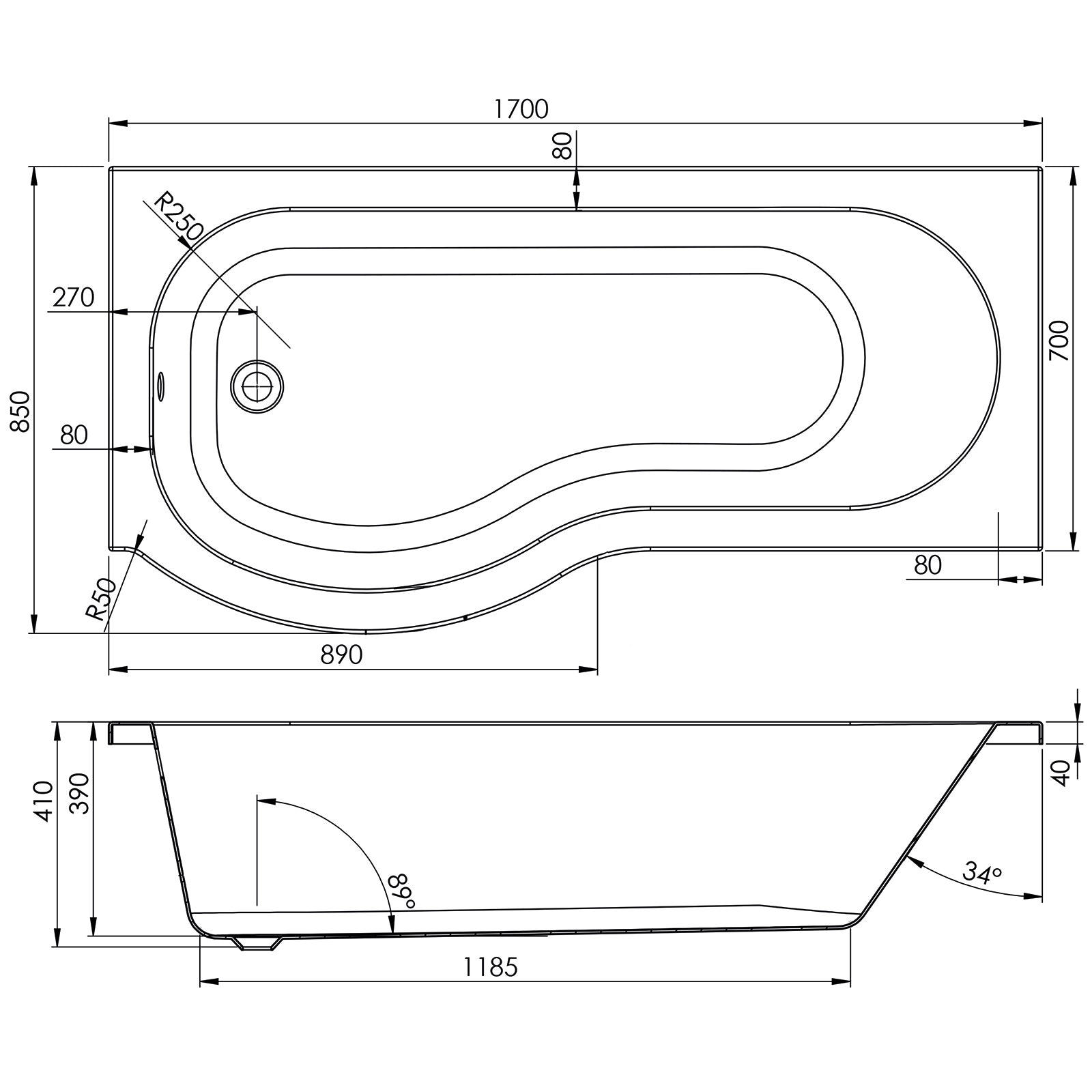 Giza 1700 x 700mm Shower Bath, Screen & Panels - LH