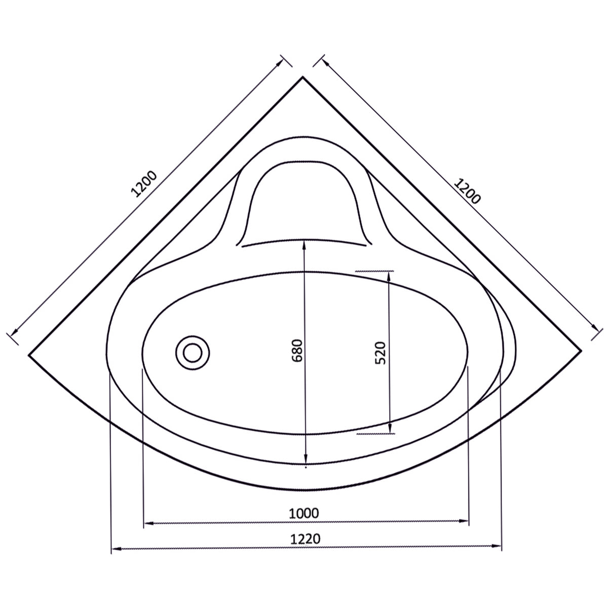 Idaho corner bath plan showing two 1200mm wall edges and the internal bathing layout
