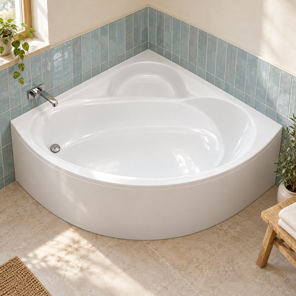 White Idaho 1200 x 1200mm corner bath with curved front panel and recessed corner seat in a blue tiled bathroom.