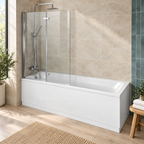 Iowa white rectangular shower bath with a two-fold glass screen and matching panels in a modern bathroom.