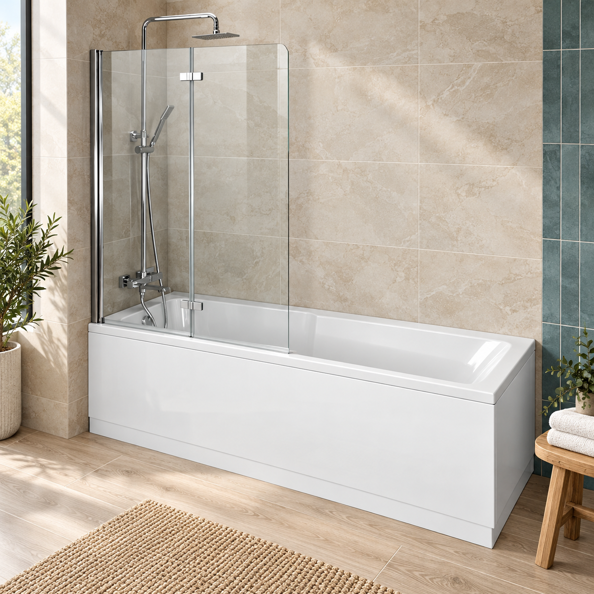 Iowa white rectangular shower bath with a two-fold glass screen and matching panels in a modern bathroom.
