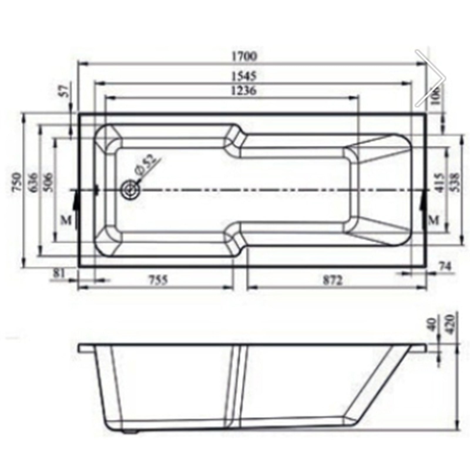 Iowa 1700 x 750mm Shower Bath