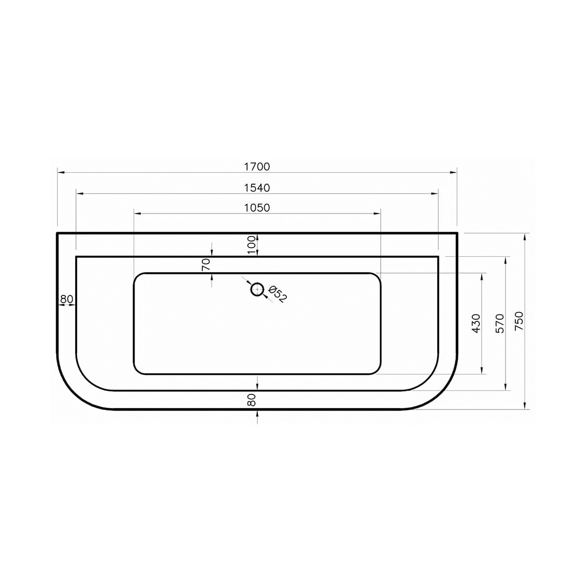 Kansas 1700 x 750mm Double Ended Bath