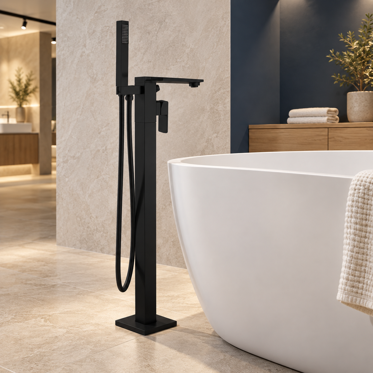 Kansas matt black floorstanding bath shower mixer with square column, rectangular handset and hose beside a white freestanding bath.