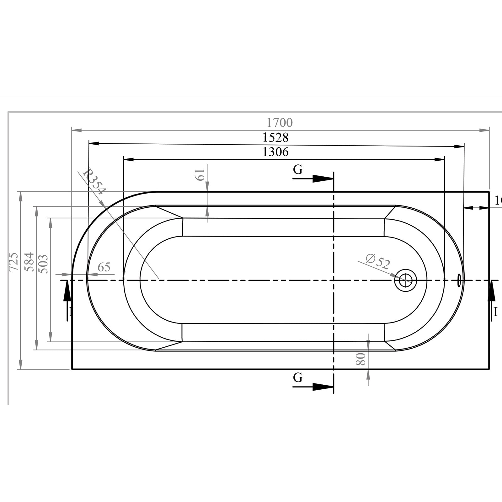 Kansas 1700 x 725mm Offset Double Ended Bath - LH
