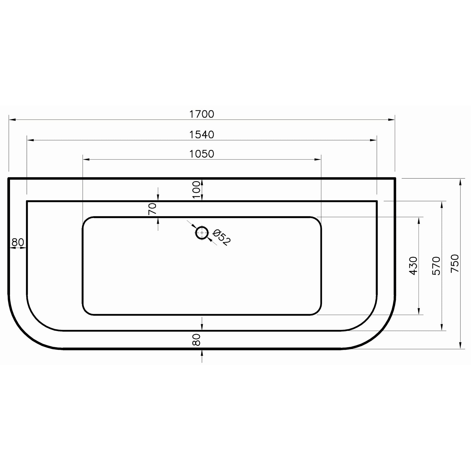 Kansas 1700 x 750mm Double Ended Bath