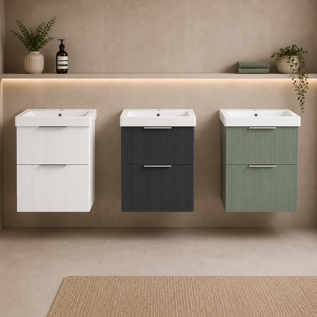 Knole Fluted 500mm Wall Hung Vanity Unit with Ceramic Basin - Matt White, Graphite or Sage Green