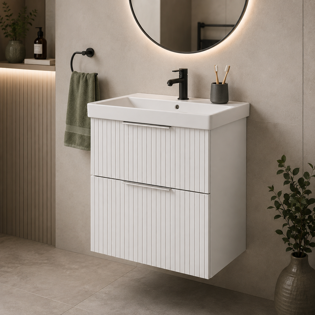 Knole Fluted 600mm Wall Hung Vanity Unit with Ceramic Basin - Matt White, Graphite or Sage Green