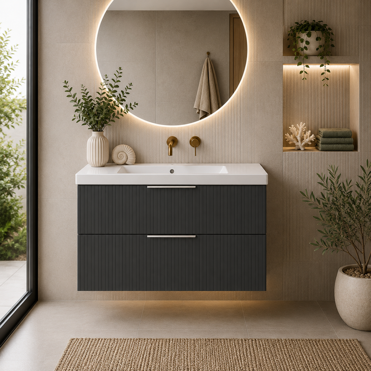 Knole Fluted 800mm Wall Hung Vanity Unit with Ceramic Basin - Matt White, Graphite or Sage Green