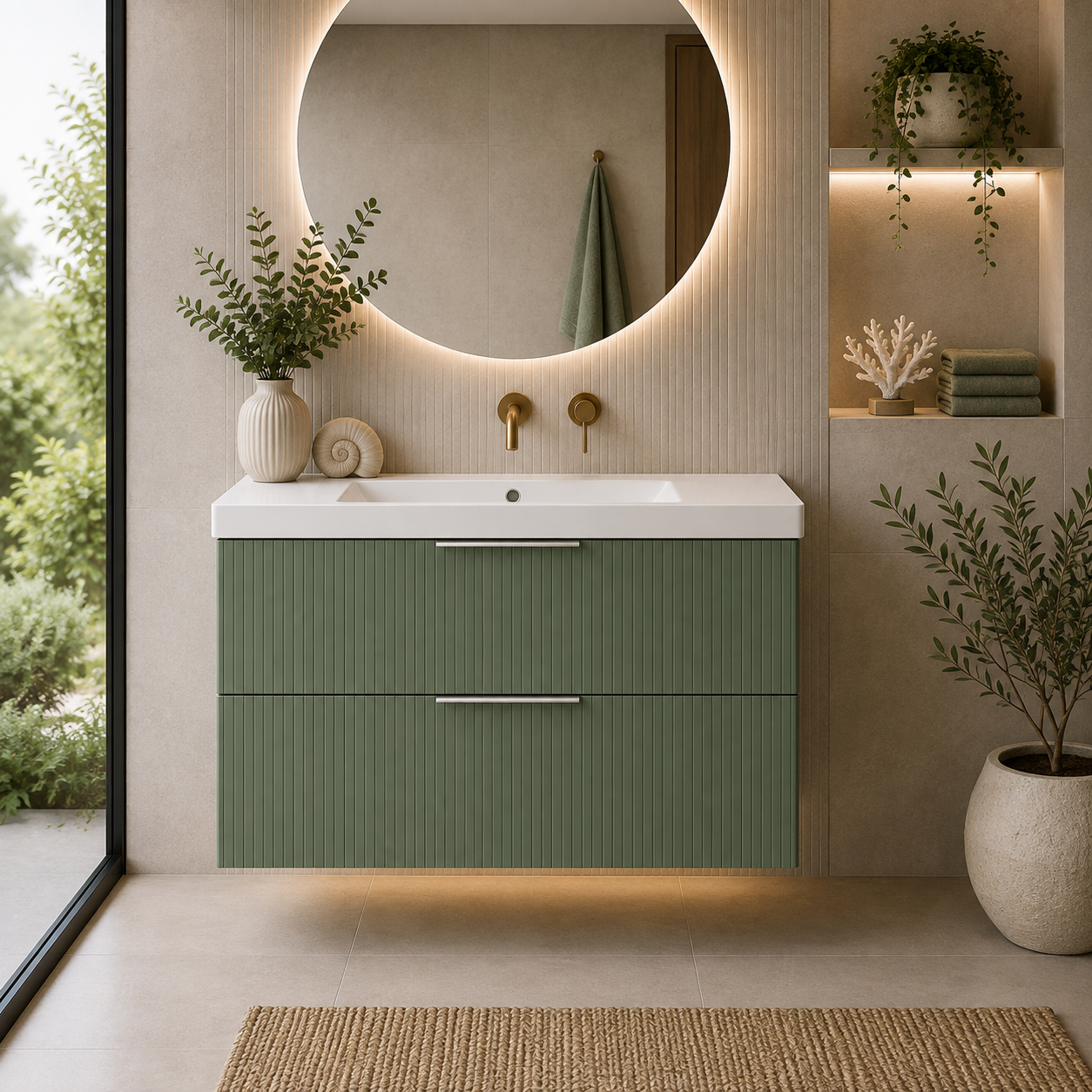 Knole Fluted 800mm Wall Hung Vanity Unit with Ceramic Basin - Matt White, Graphite or Sage Green
