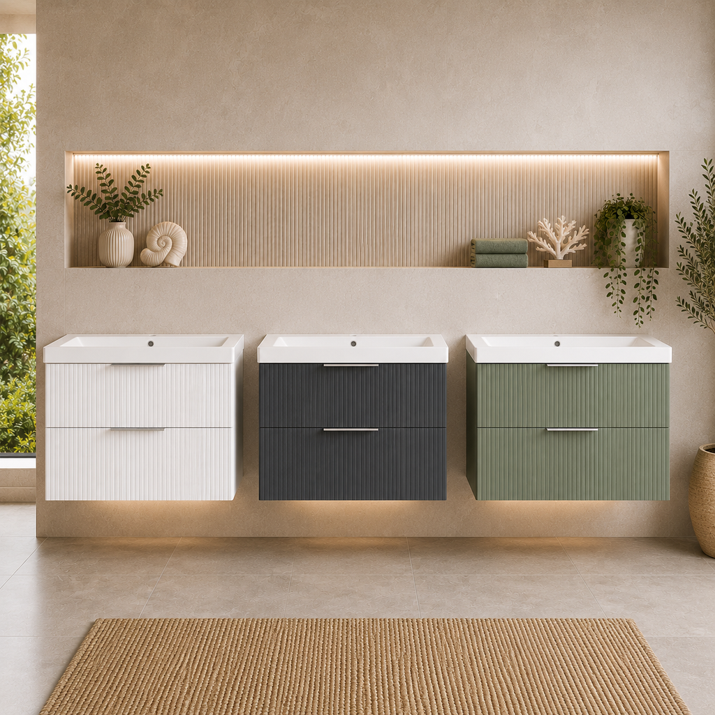 Knole Fluted 800mm Wall Hung Vanity Unit with Ceramic Basin - Matt White, Graphite or Sage Green