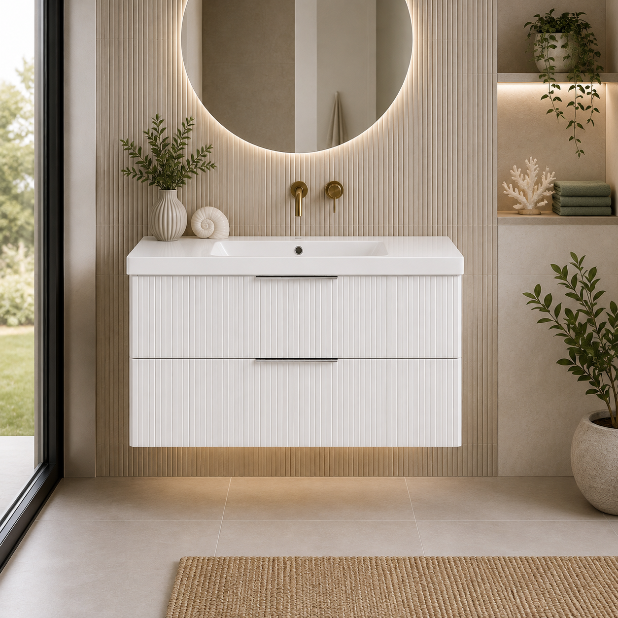 Knole Fluted 800mm Wall Hung Vanity Unit with Ceramic Basin - Matt White, Graphite or Sage Green